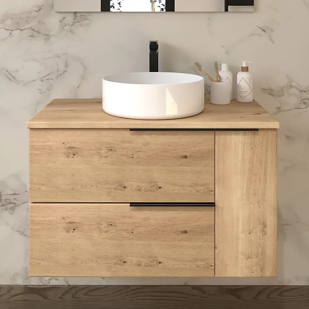 Meuble Vasque|Cosyneo Meuble de salle de bain sans miroir avec vasque à poser ronde KING - Roble (chêne clair) - 80cm