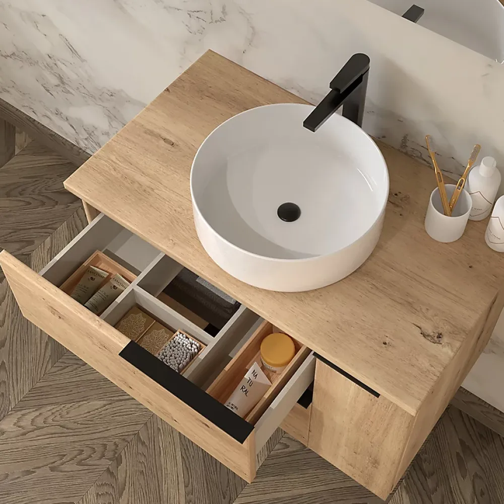 Meuble Vasque|Cosyneo Meuble de salle de bain sans miroir avec vasque à poser ronde KING - Roble (chêne clair) - 80cm