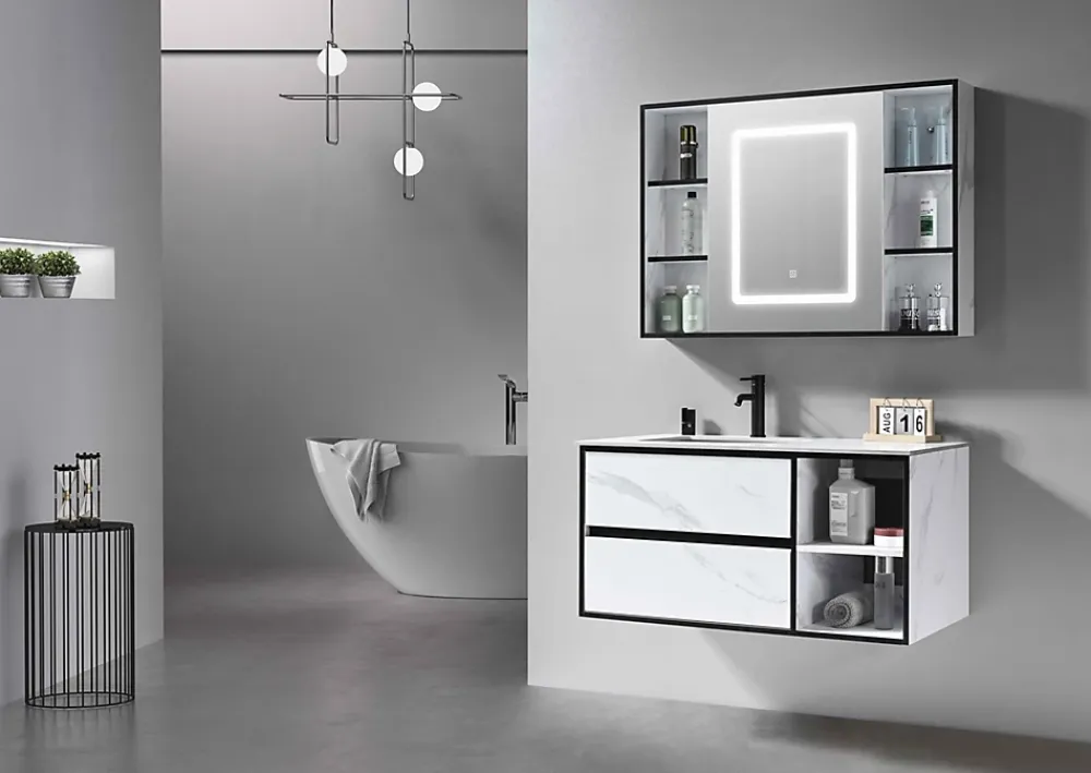 Luxury Bain Meuble de salle de bain simple vasque 100cm blanc effet marbre avec miroir LED et colonne de rangement LB-6948 LuxuryBain-