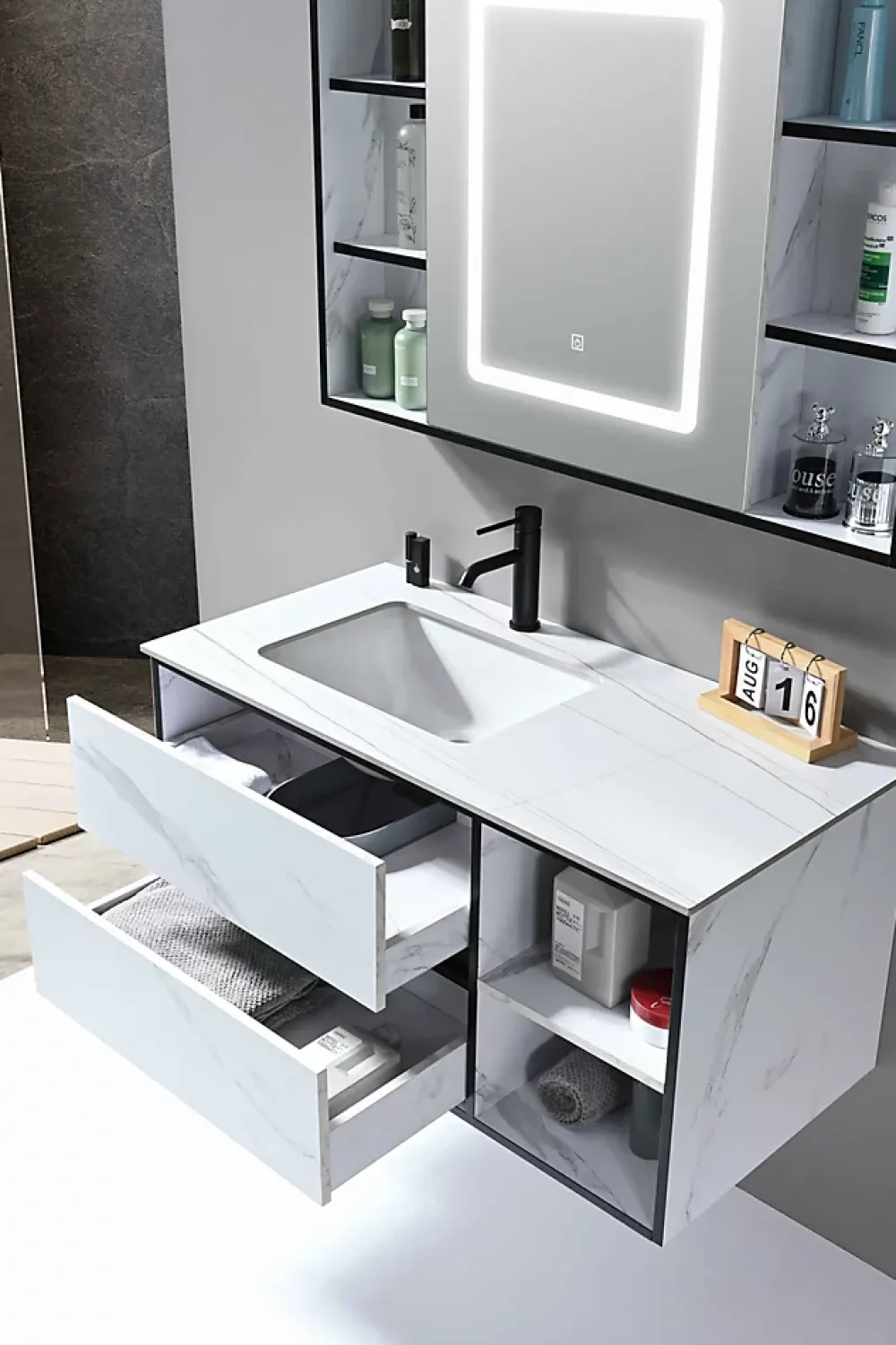 Luxury Bain Meuble de salle de bain simple vasque 100cm blanc effet marbre avec miroir LED et colonne de rangement LB-6948 LuxuryBain-