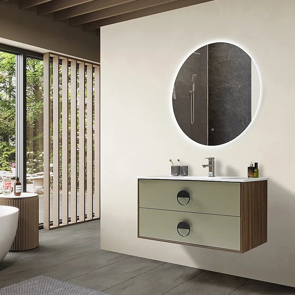 Ensemble Meuble De Salle De Bains|Luxury Bain Meuble de salle de bain simple vasque 100cm bois et vert avec miroir LED LuxuryBain-