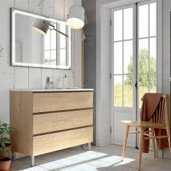 Cosyneo Meuble de salle de bain simple vasque - 3 tiroirs - PALMA et miroir Led VELDI - bambou (chêne clair) - 70cm