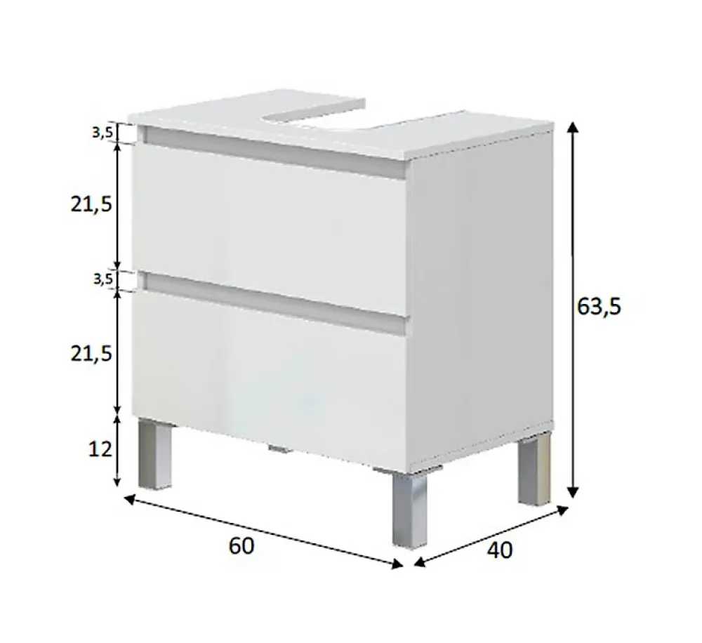 Pegane Meuble de salle de bain sous évier 60 cm avec 2 tiroirs coloris blanc - Longueur 60 x Profondeur 40 x Hauteur 63 cm