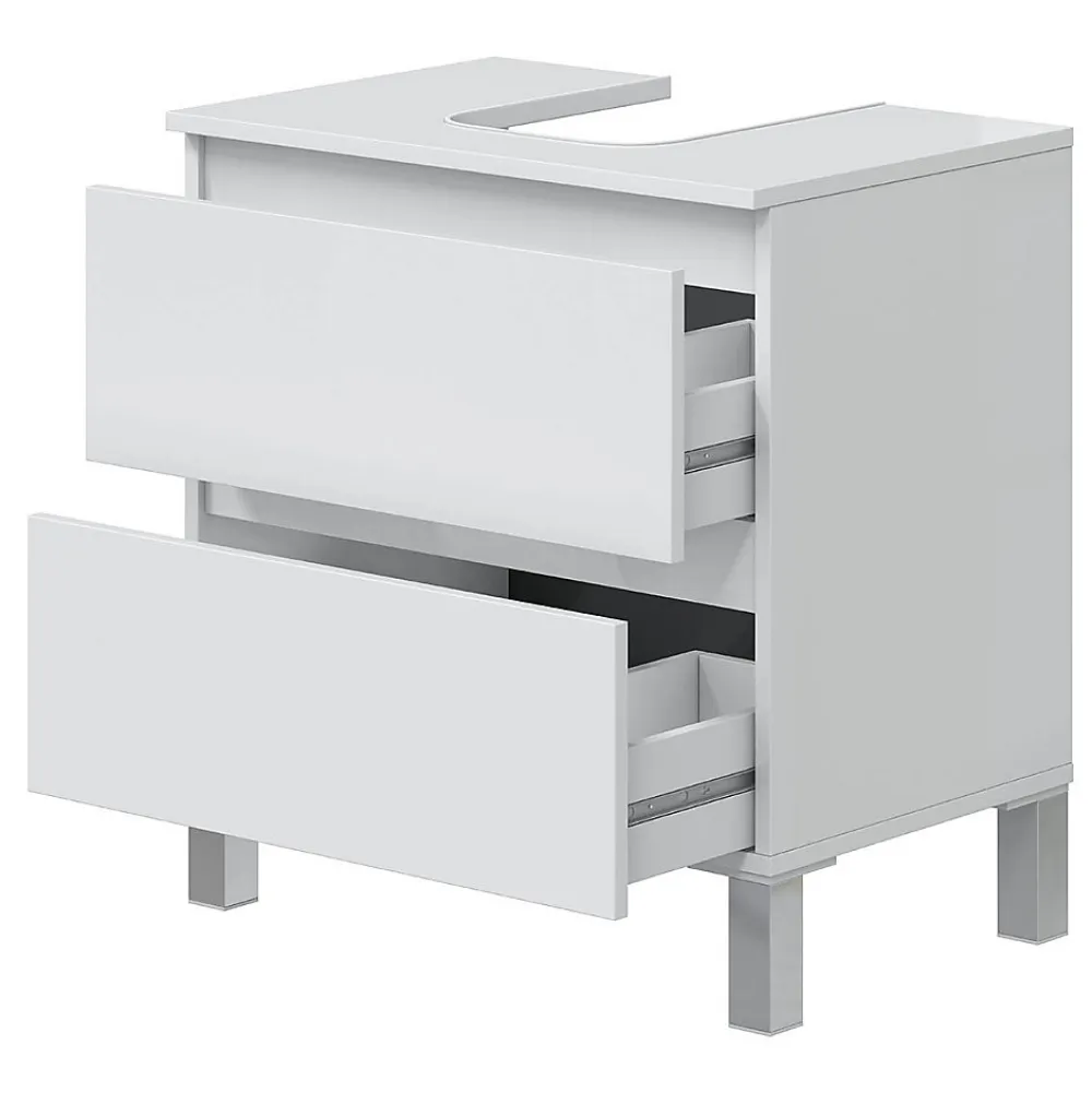 Pegane Meuble de salle de bain sous évier 60 cm avec 2 tiroirs coloris blanc - Longueur 60 x Profondeur 40 x Hauteur 63 cm