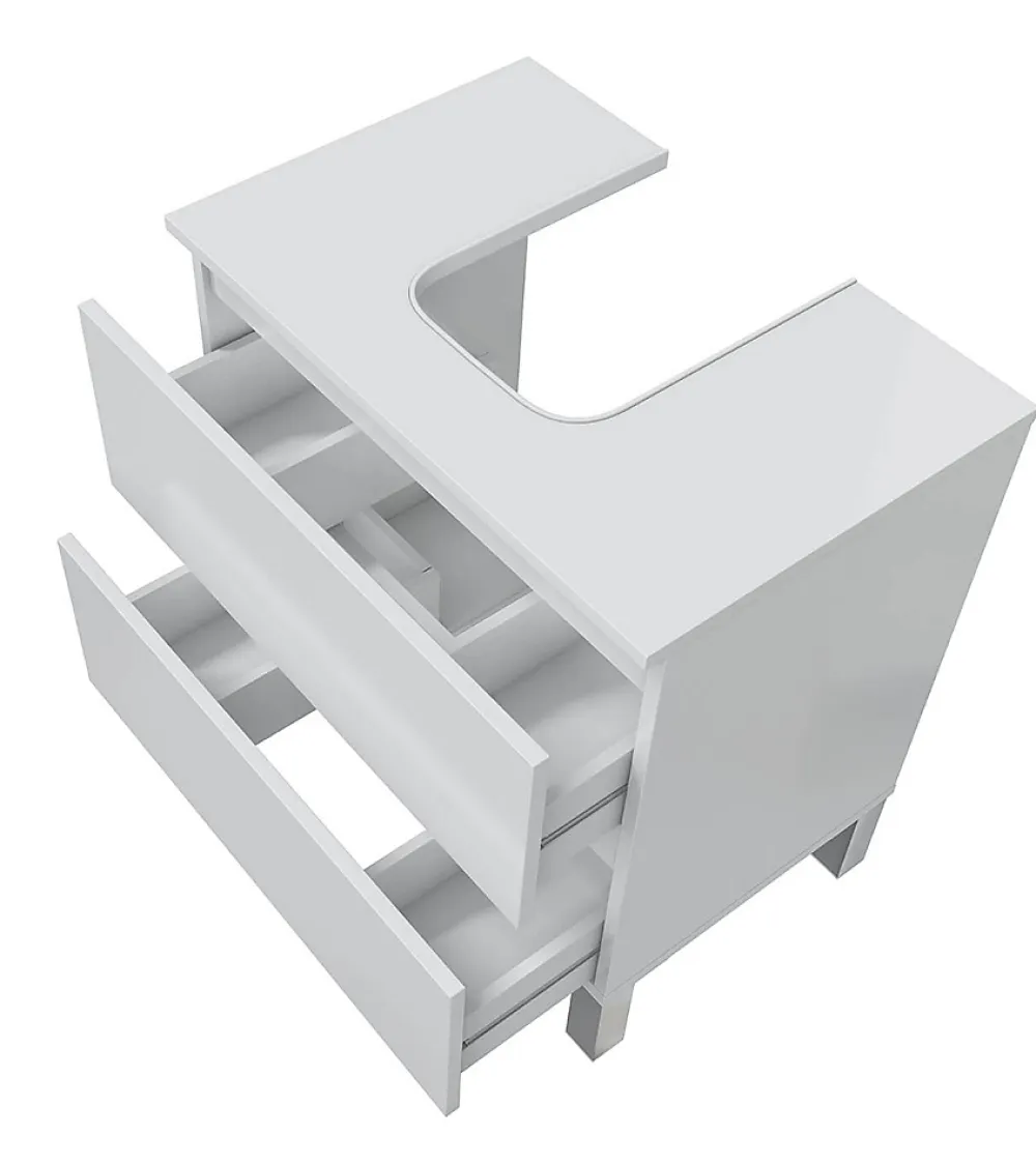 Pegane Meuble de salle de bain sous évier 60 cm avec 2 tiroirs coloris blanc - Longueur 60 x Profondeur 40 x Hauteur 63 cm