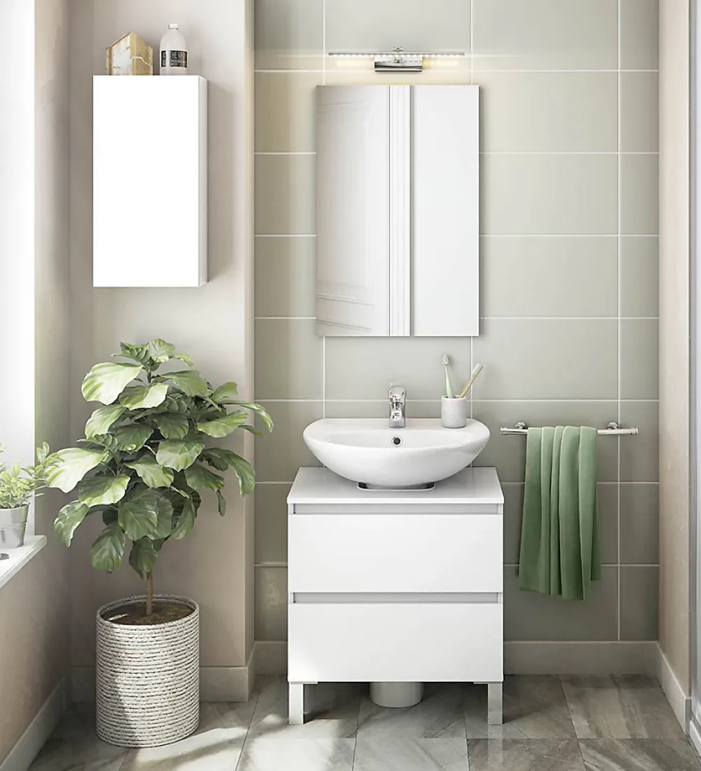 Pegane Meuble de salle de bain sous évier 60 cm avec 2 tiroirs coloris blanc - Longueur 60 x Profondeur 40 x Hauteur 63 cm