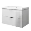 AICA Sanitaire Meuble de salle de bain suspendu 80 cm, 2 tiroirs, avec vasque blanche,MDF blanc brillant