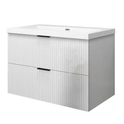 AICA Sanitaire Meuble de salle de bain suspendu 80 cm, 2 tiroirs, avec vasque blanche,MDF blanc brillant