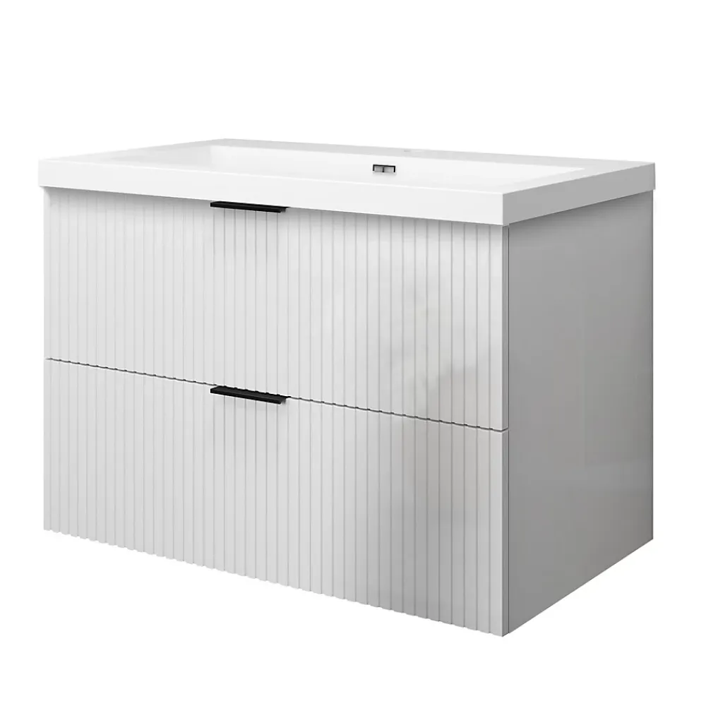 AICA Sanitaire Meuble de salle de bain suspendu 80 cm, 2 tiroirs, avec vasque blanche,MDF blanc brillant