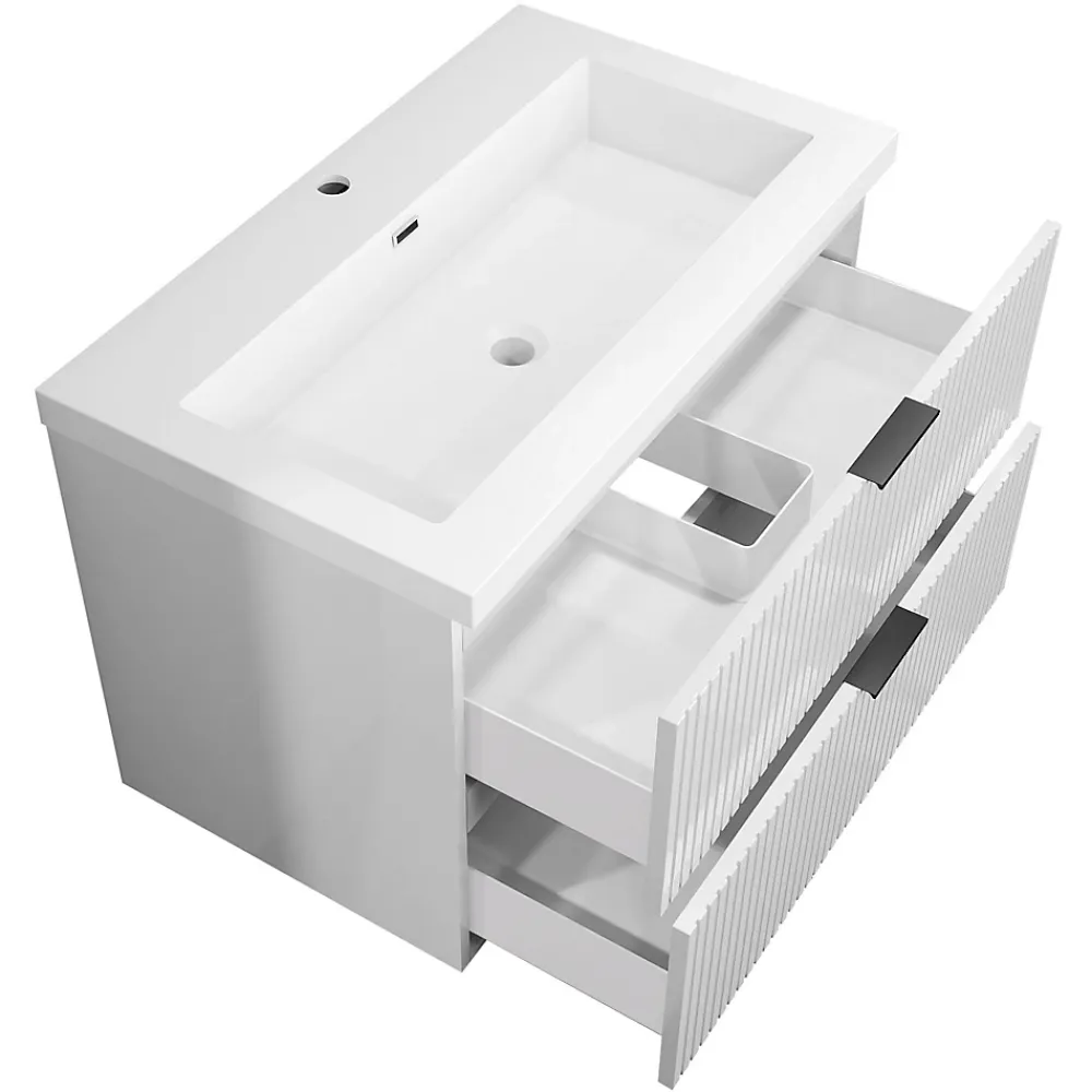 AICA Sanitaire Meuble de salle de bain suspendu 80 cm, 2 tiroirs, avec vasque blanche,MDF blanc brillant