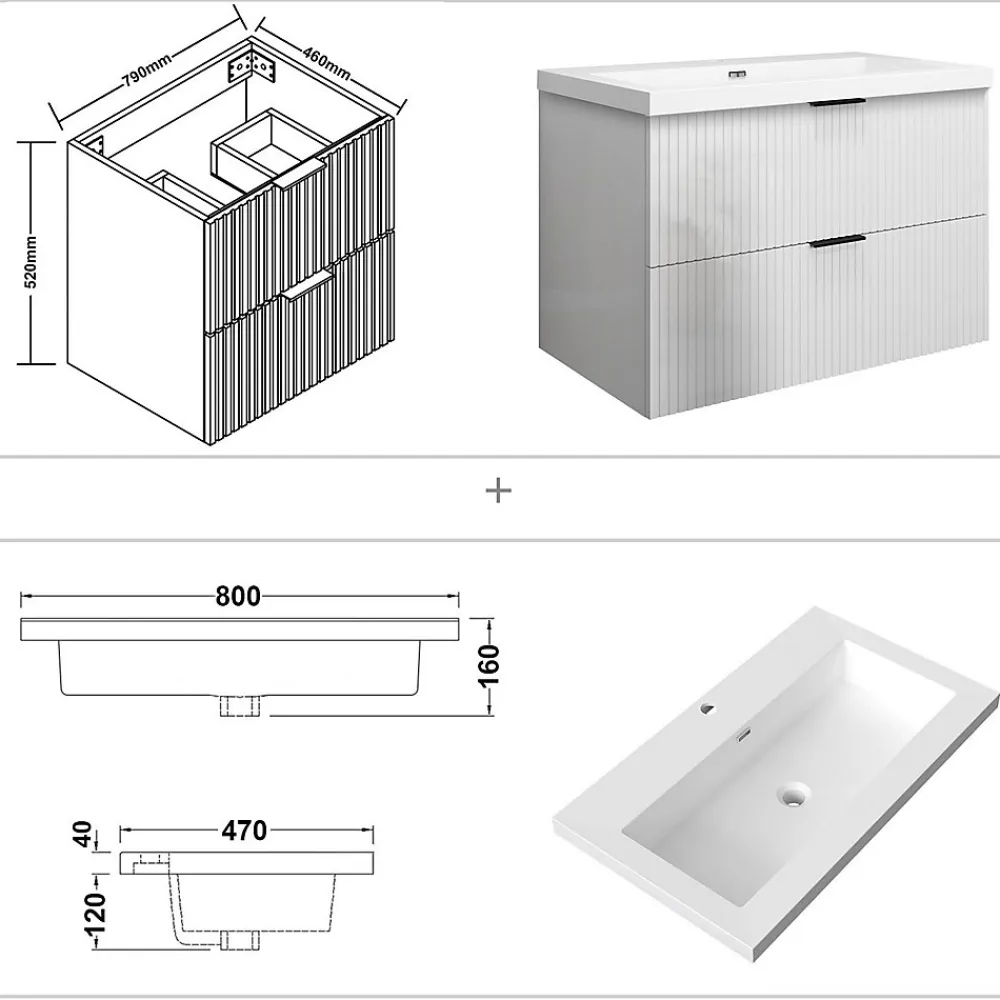 AICA Sanitaire Meuble de salle de bain suspendu 80 cm, 2 tiroirs, avec vasque blanche,MDF blanc brillant