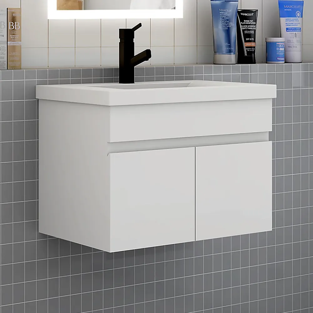 AICA Sanitaire Meuble de salle de bain suspendu avec vasque à poser, meuble blanc 60 cm 2 portes