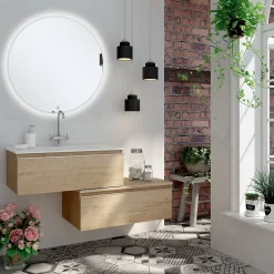 Ensemble Meuble De Salle De Bains|Cosyneo Meuble de salle de bain simple vasque - 2 tiroirs - PENA et miroir rond Led SOLEN - bambou (chêne clair) - 120cm