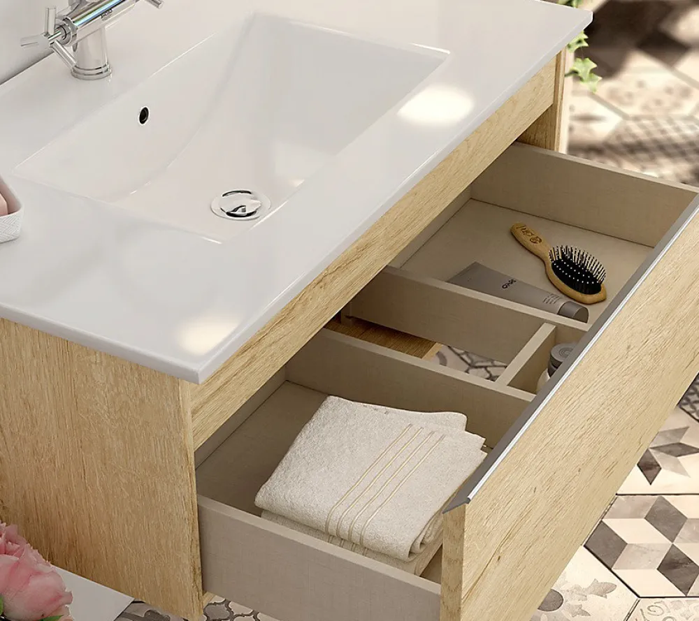 Ensemble Meuble De Salle De Bains|Cosyneo Meuble de salle de bain simple vasque - 2 tiroirs - PENA et miroir rond Led SOLEN - bambou (chêne clair) - 120cm