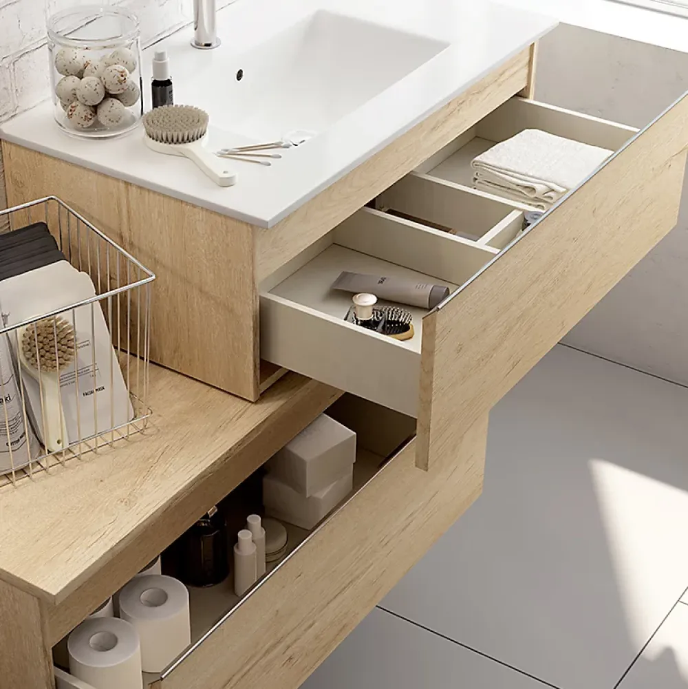Ensemble Meuble De Salle De Bains|Cosyneo Meuble de salle de bain simple vasque - 2 tiroirs - PENA et miroir rond Led SOLEN - bambou (chêne clair) - 120cm