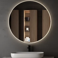 Ensemble Meuble De Salle De Bains|Cosyneo Meuble de salle de bain simple vasque - 2 tiroirs - PENA et miroir rond Led SOLEN - bambou (chêne clair) - 120cm