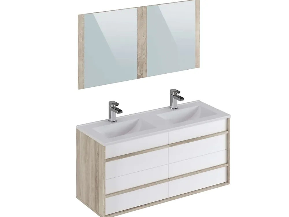 T-Bath Meuble de salle de bain TAWA 4 tiroirs 120 cm chêne et blanc Inclus lavabo acrylique et miroir