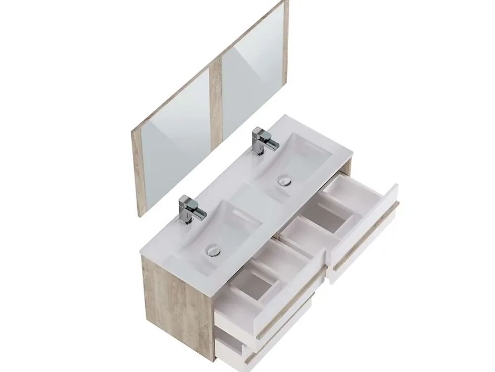 T-Bath Meuble de salle de bain TAWA 4 tiroirs 120 cm chêne et blanc Inclus lavabo acrylique et miroir