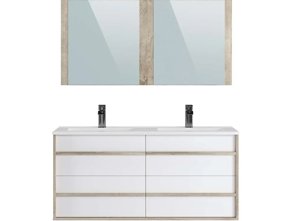 T-Bath Meuble de salle de bain TAWA 4 tiroirs 120 cm chêne et blanc Inclus lavabo acrylique et miroir