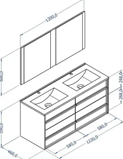 T-Bath Meuble de salle de bain TAWA 4 tiroirs 120 cm chêne et blanc Inclus lavabo acrylique et miroir