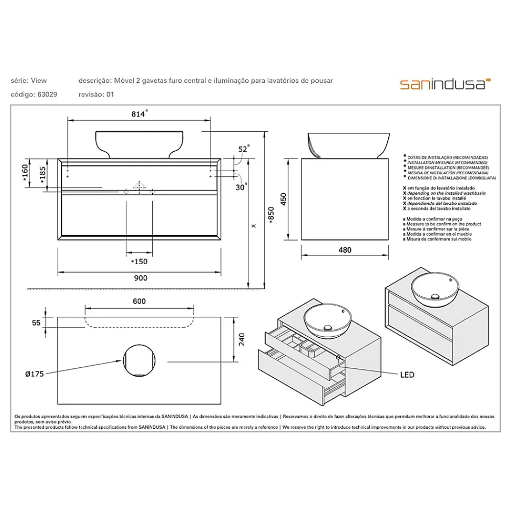 Sanindusa Meuble de salle de bains suspendu 2 tiroirs slow close+organiseurs+éclairage View 90x45 trou pour vidage couleur noyer