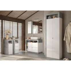 Meuble De Salle De Bains Faible Profondeur|Meublorama Meuble de salle de bains BURA 1 porte Blanc brillant laqué & gris béton Design moderne