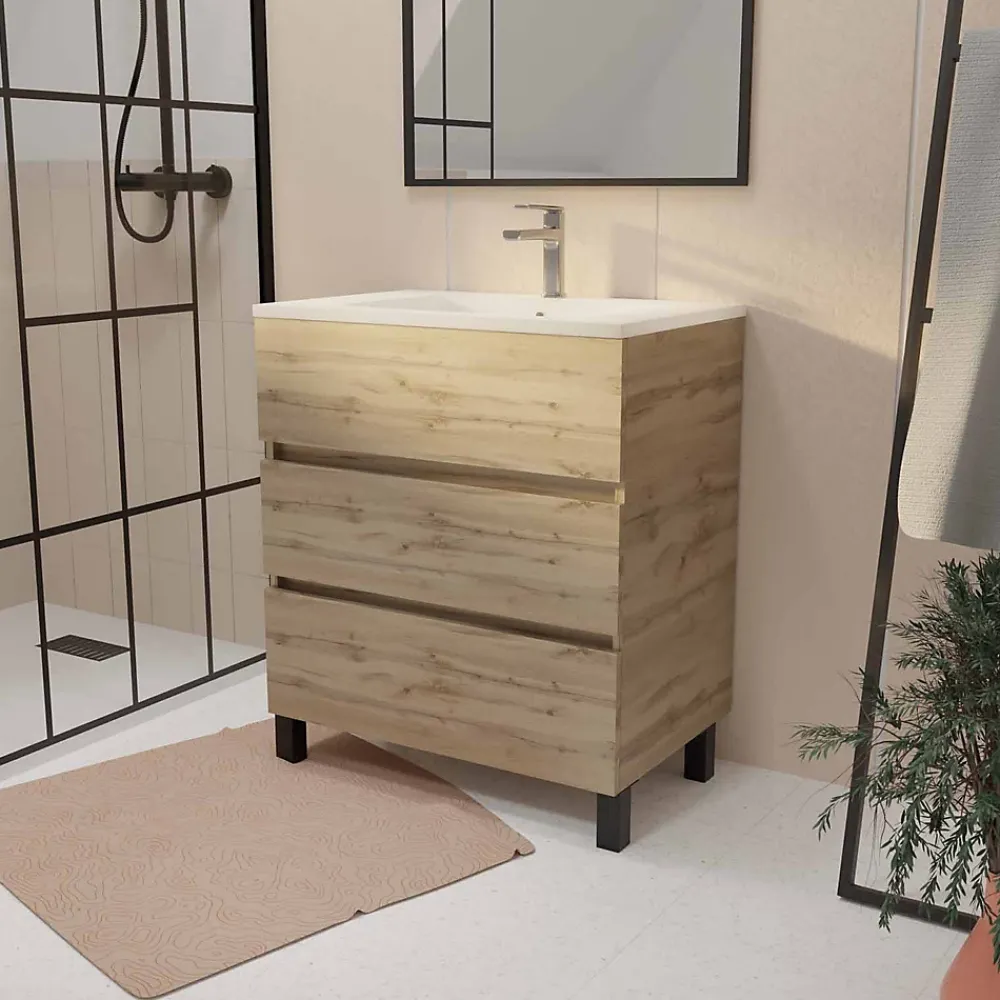 Meuble Vasque|Aurlane Meuble de salle de bains 70 cm TIMBER - Décor Chêne Naturel 3 tiroirs avec Vasque blanche