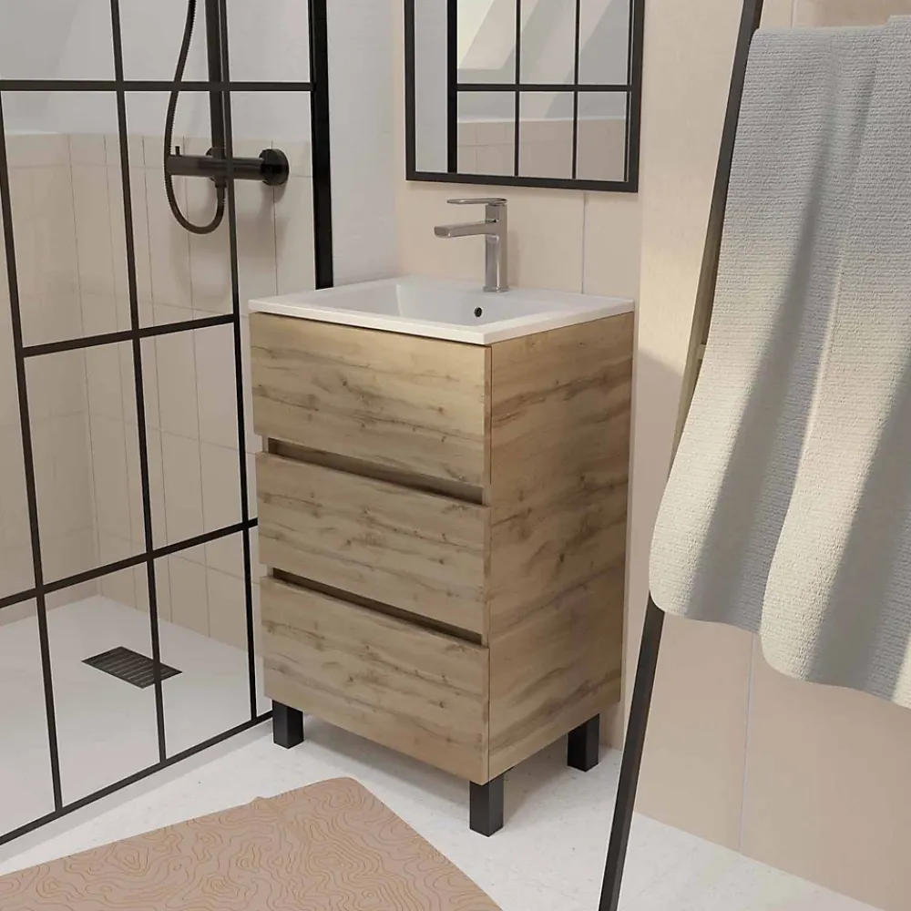 Meuble Vasque|Aurlane Meuble de salle de bains 50 cm TIMBER - Décor Chêne Naturel 3 tiroirs avec Vasque blanche