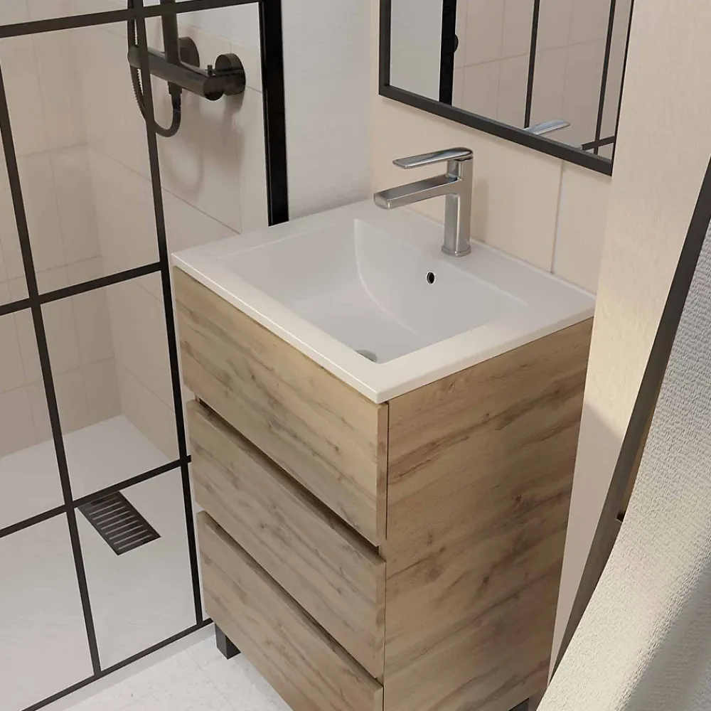 Meuble Vasque|Aurlane Meuble de salle de bains 50 cm TIMBER - Décor Chêne Naturel 3 tiroirs avec Vasque blanche
