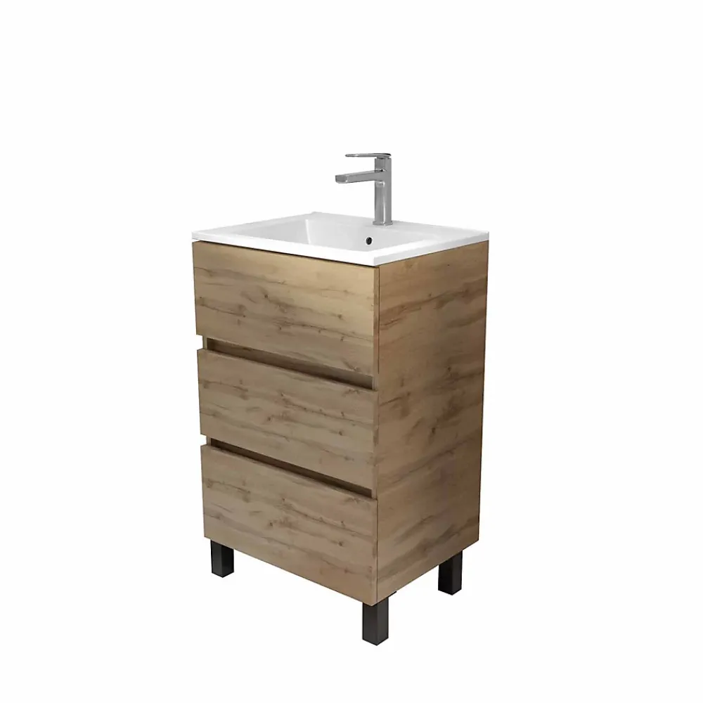 Meuble Vasque|Aurlane Meuble de salle de bains 50 cm TIMBER - Décor Chêne Naturel 3 tiroirs avec Vasque blanche