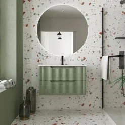 Aurlane Meuble de Salle de Bains LEON 80cm Vert Olive - 2 Tiroirs en MDF Ondulés - Vasque à encastrer