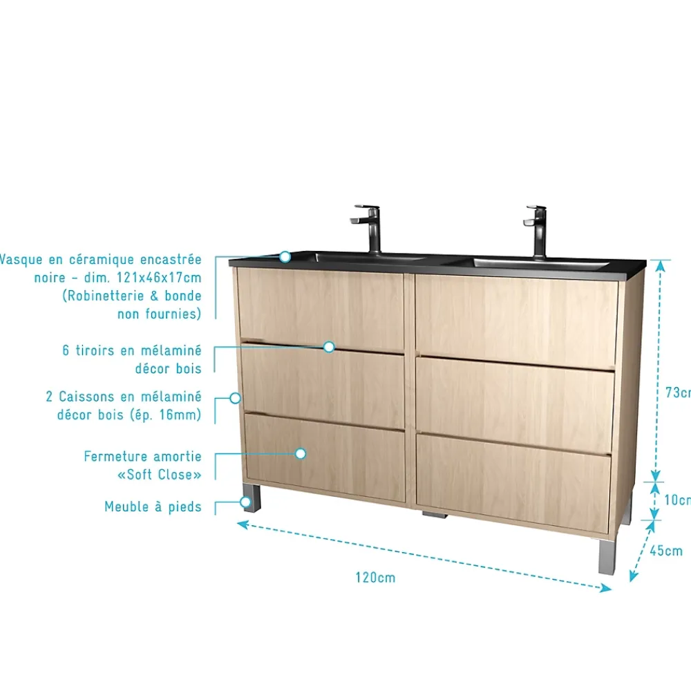 Aurlane Meuble de salle de bains 120 cm 6 Tiroirs Chêne Clair + Vasque Double Céramique Noire - XENOS