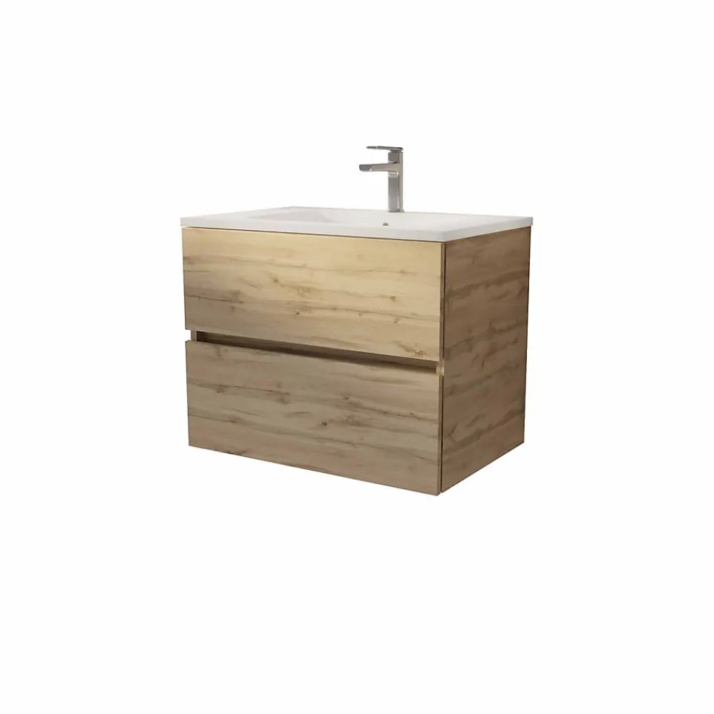 Meuble Vasque|Aurlane Meuble de salle de bains suspendu 70 cm TIMBER - Décor Chêne Naturel 2 tiroirs avec Vasque blanche