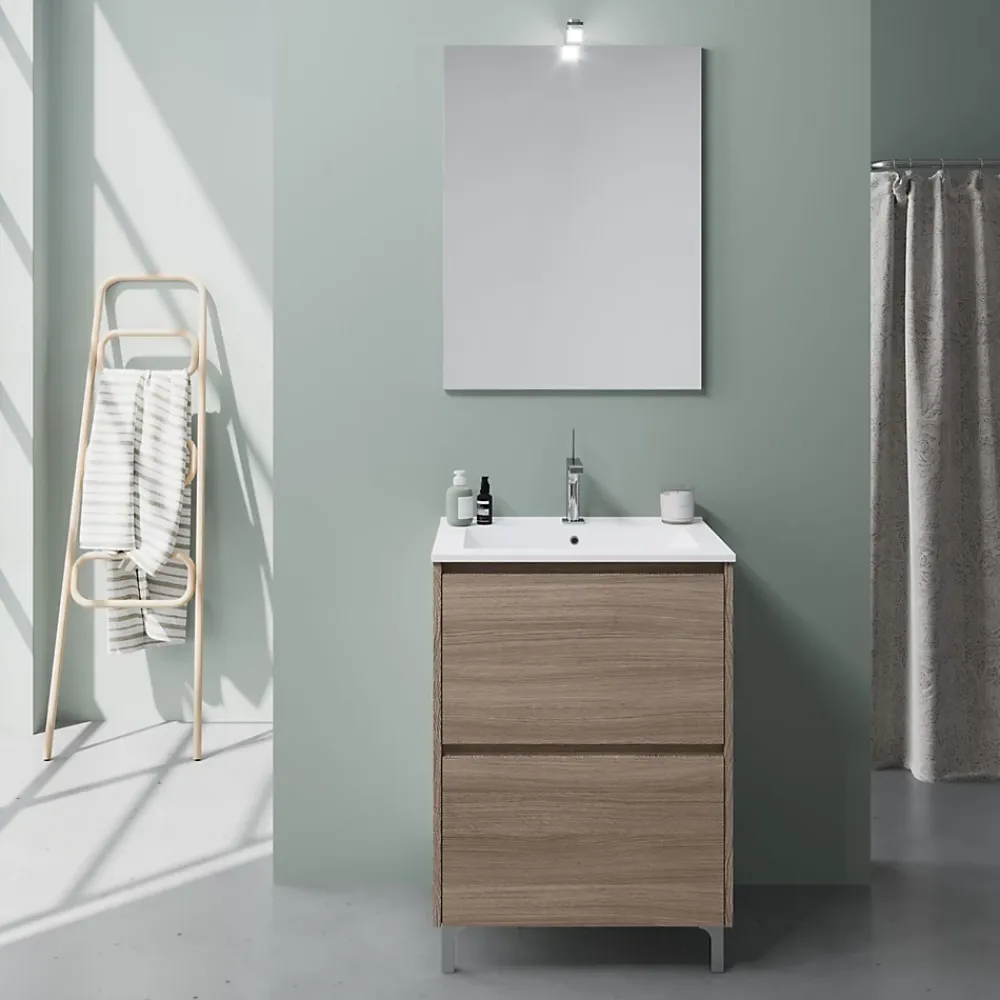 Kiamami Valentina Meuble De Salle De Bains Au Sol 60Cm Avec 2 Tiroirs En Chêne Naturel Effet Bois Avec Lavabo Et Miroir 60X80 - Laguna