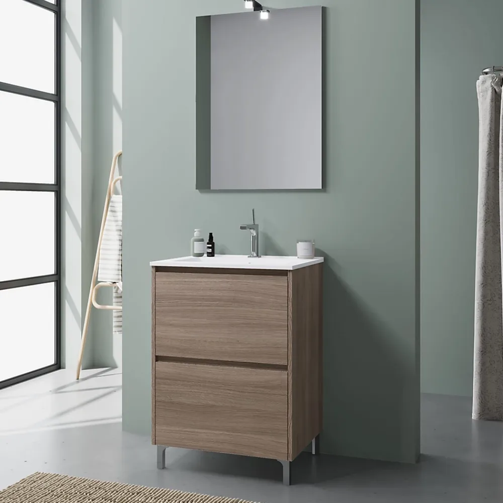 Kiamami Valentina Meuble De Salle De Bains Au Sol 60Cm Avec 2 Tiroirs En Chêne Naturel Effet Bois Avec Lavabo Et Miroir 60X80 - Laguna