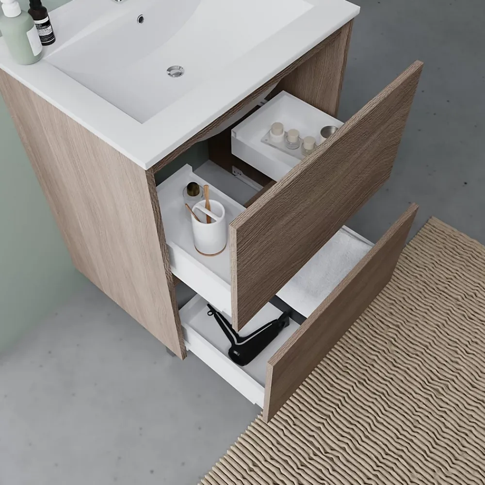 Kiamami Valentina Meuble De Salle De Bains Au Sol 60Cm Avec 2 Tiroirs En Chêne Naturel Effet Bois Avec Lavabo Et Miroir 60X80 - Laguna