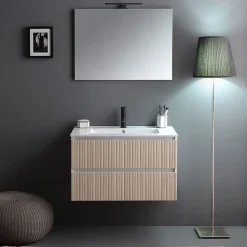 Kiamami Valentina Meuble De Salle De Bains Cannage Blanc Et Chêne 80Cm, Lavabo Et Miroir 80X60 - Bilbao