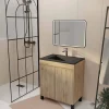 Ensemble Meuble De Salle De Bains|Aurlane Meuble de salle de bains 70cm TIMBER Décor Chêne Naturel à Portes Vasque Noire et Miroir LED 70x50