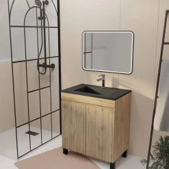 Ensemble Meuble De Salle De Bains|Aurlane Meuble de salle de bains 70cm TIMBER Décor Chêne Naturel à Portes Vasque Noire et Miroir LED 70x50