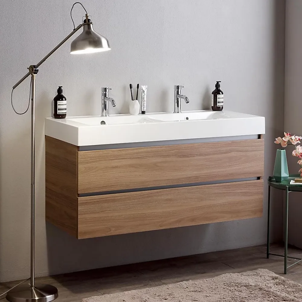 Kiamami Valentina Meuble De Salle De Bains Suspendu 120Cm Avec Tiroirs En Chêne Naturel Soft Close Et Double Lavabo - Valentina
