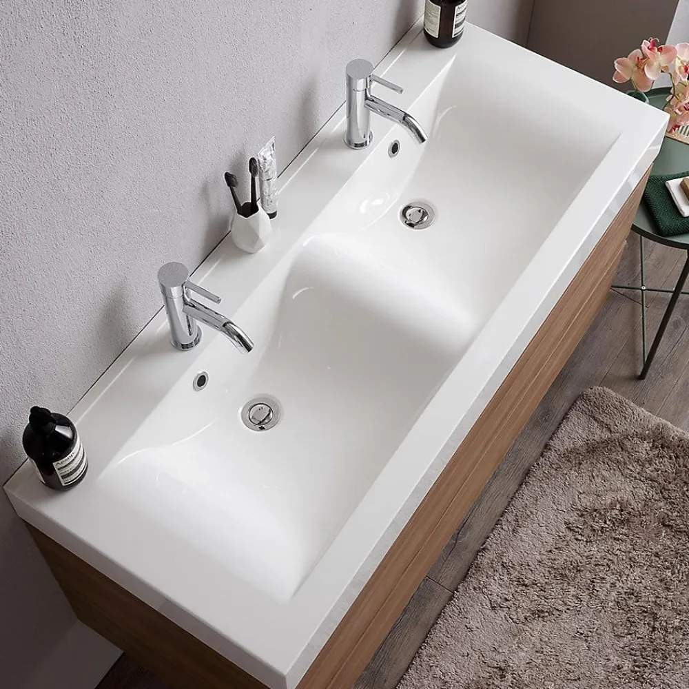 Kiamami Valentina Meuble De Salle De Bains Suspendu 120Cm Avec Tiroirs En Chêne Naturel Soft Close Et Double Lavabo - Valentina