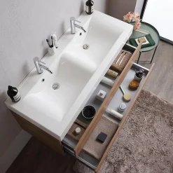 Kiamami Valentina Meuble De Salle De Bains Suspendu 120Cm Avec Tiroirs En Chêne Naturel Soft Close Et Double Lavabo - Valentina
