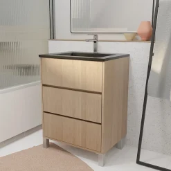 Aurlane Meuble de salle de bains 60 cm 3 Tiroirs Chêne Clair + Vasque Céramique Noire - XENOS
