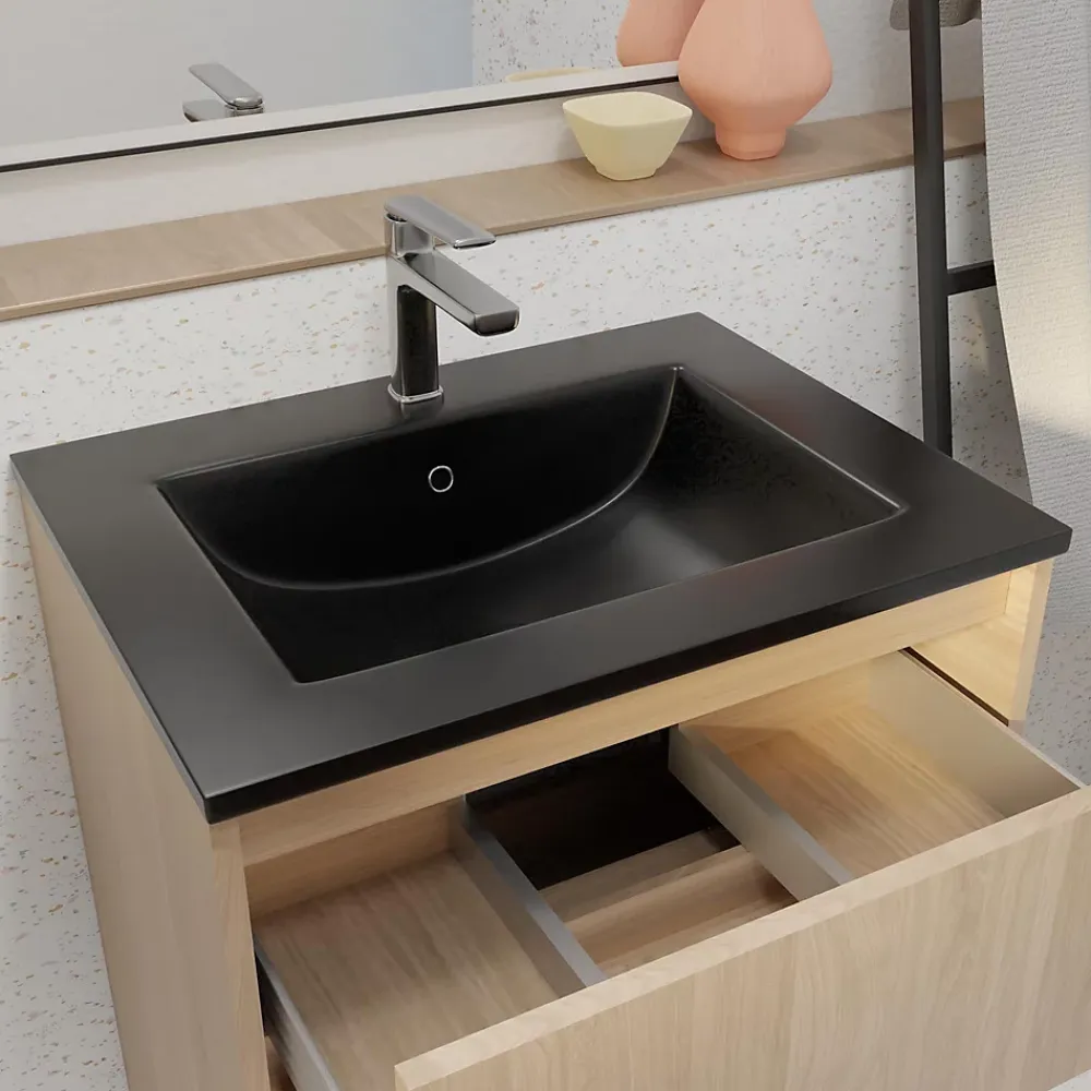Aurlane Meuble de salle de bains 60 cm 3 Tiroirs Chêne Clair + Vasque Céramique Noire - XENOS