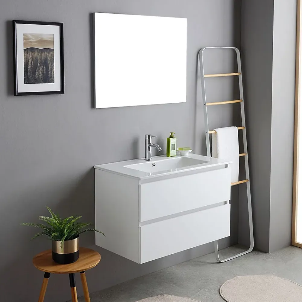 Kiamami Valentina Meuble De Salle De Bains Suspendu 80Cm Blanc Avec Lavabo En Céramique Et Miroir - Bilbao