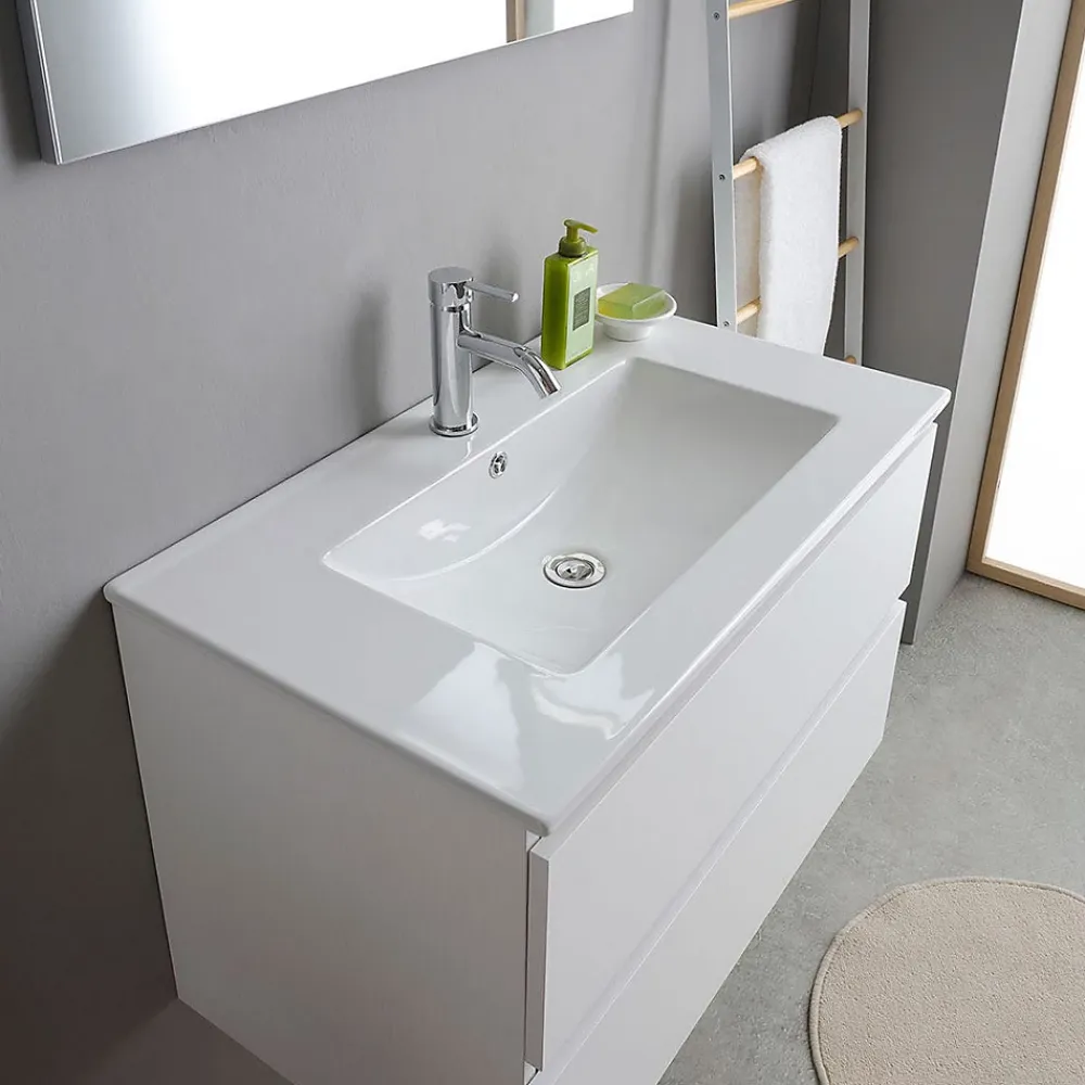 Kiamami Valentina Meuble De Salle De Bains Suspendu 80Cm Blanc Avec Lavabo En Céramique Et Miroir - Bilbao