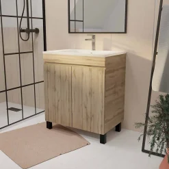 Aurlane Meuble de salle de bains 70 cm TIMBER - Décor Chêne Naturel à portes avec Vasque céramique blanche