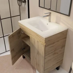 Aurlane Meuble de salle de bains 70 cm TIMBER - Décor Chêne Naturel à portes avec Vasque céramique blanche