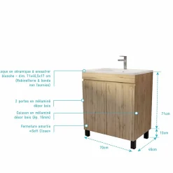 Aurlane Meuble de salle de bains 70 cm TIMBER - Décor Chêne Naturel à portes avec Vasque céramique blanche