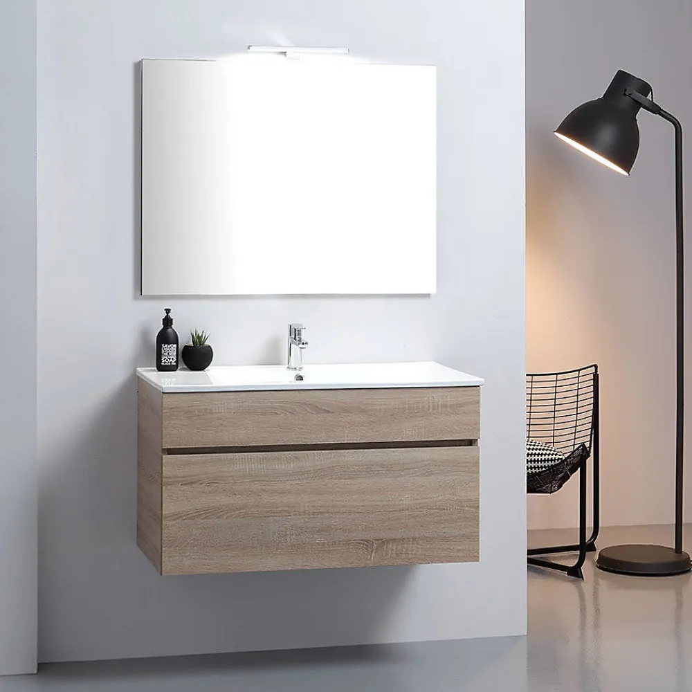 Ensemble Meuble De Salle De Bains|Kiamami Valentina Meuble De Salle De Bains Suspendu De 90 Cm En Chêne Naturel Avec Lavabo De La Série Sole